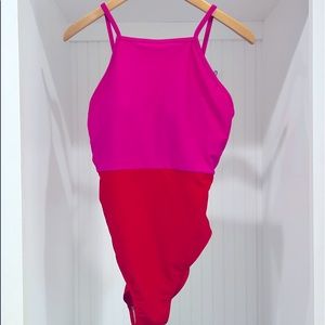 Summersalt High Neck One-piece swimsuit, size 6. Lava and hibiscus color.